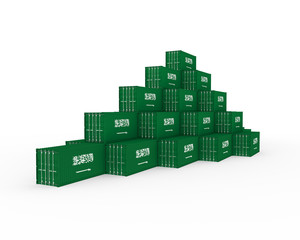 3D Illustration of Cargo Container with Saudi Arabia Flag on white background. Delivery, transportation, shipping freight transportation.