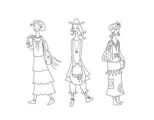 Women models fashion boho. Vector drawing illustration. 