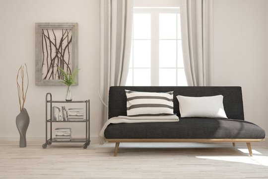 Stylish room in white color with black sofa. Scandinavian interior design. 3D illustration