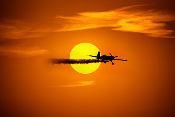 Fototapeta na wymiar Plane gliding in front of the setting sun at an airshow.