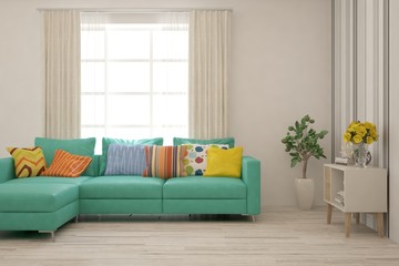 Stylish room in white color with sofa. Scandinavian interior design. 3D illustration