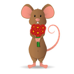 The tails of a cute little mouse, brown, holds a beautiful small bouquet with red flowers.