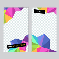 Set of social media banner template for stories, sale and advertising. Polygonal abstract rainbow form. Vector