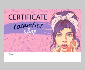 Vector gift voucher template. Universal flyer for business, Beautiful young girl rubs cream in her face, stores business,  background for social networks. Vector illustration