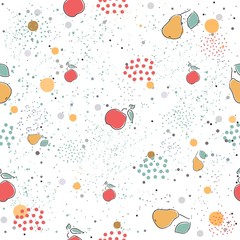 Cute Seamless Pattern with pears and dotted background. hand Drawn Delicate Design. Scandinavian Style. For cards, templates, gift paper, prints, decorations, templates, etc.