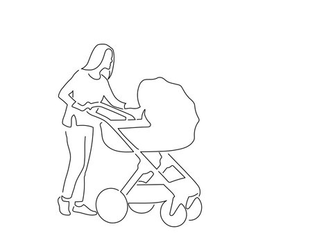 Mother with a baby carriage isolated line drawing, vector illustration design. Maternity collection.