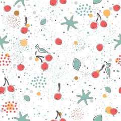 Cute Seamless Pattern with pears and dotted background. hand Drawn Delicate Design. Scandinavian Style. For cards, templates, gift paper, prints, decorations, templates, etc.