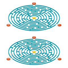 Labyrinth maze game. Circle puzzle. Find exit or right way challenge. Vector illustration.