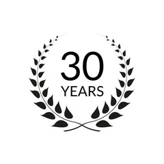 30 years anniversary logo with laurel wreath frame. 30th birthday celebration icon or badge. Vector illustration.