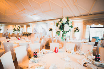 Interior of a restaurant prepared for wedding ceremony