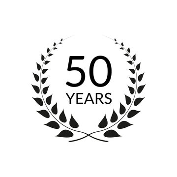 50 years anniversary logo with laurel wreath frame. 50th birthday celebration icon or badge. Vector illustration.