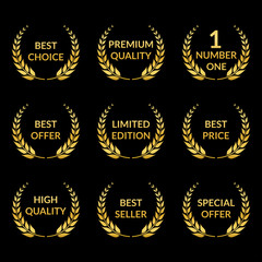 Laurel wreath set. Golden Premium quality, Best choice, Special offer  badges. Vector illustration.