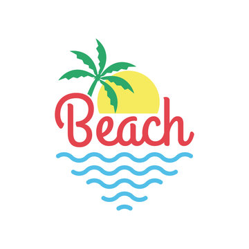 Beach logo with palm tree, sun and sea or ocean. Tropical T-shirt typography design. Apparel graphic. Vector illustration.