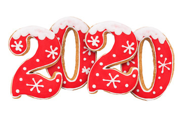 Number 2020, New Year gingerbread, red icing, isolated on white background