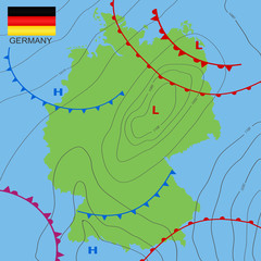 Germany. Realistic synoptic map of the Germany showing isobars and weather fronts. Meteorological forecast. Map country with national flag. Vector illustration. EPS 10 - obrazy, fototapety, plakaty