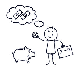 Man and savings on a white background. Sketch. Vector illustration.