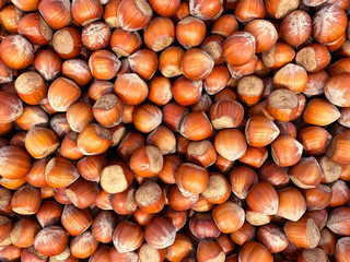 Hazelnuts background. Healthy snack and food. Top view. Food background. Hazelnuts