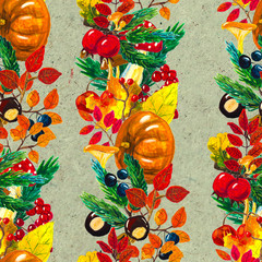 Autumn watercolor hand drawn seamless pattern with leaves mushrooms and pine cones