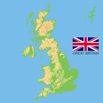 United Kingdom. Detailed physical map of the Great Britain colored according to elevation, with rivers, lakes, mountains. Vector map with national flag.