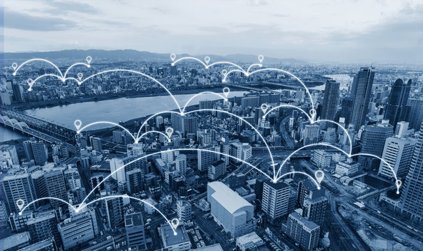 Network connection technology and location icons in the city - Powered by Adobe
