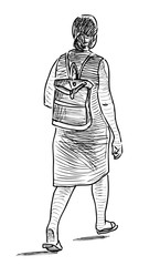Sketch of casual city woman striding along street on summer day