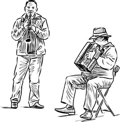 Sketch of musicians duet playing on accordion and flute