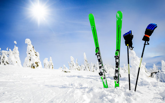 Skis in snow with gloves copy space. Green skis standing in heavy snowy winter and forest frozen trees or mountains in background. Winters holiday skiing concept.