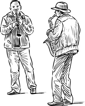 Sketch of musicians duet playing on oboy and saxophone