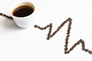 Cardiogram painted with coffee beans and cup of coffee on white background. The concept of the...