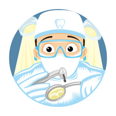 Dentist treats a tooth round sign on a white background.