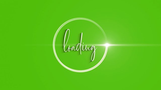Loading text with circle particles on green color background, flat style.