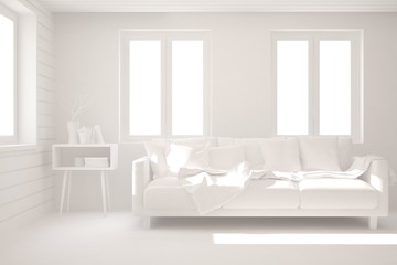 Mock up of stylish room in white color with sofa. Scandinavian interior design. 3D illustration