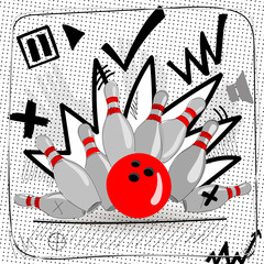 Red bowling ball breaks six skittles. Vector image on a white background.