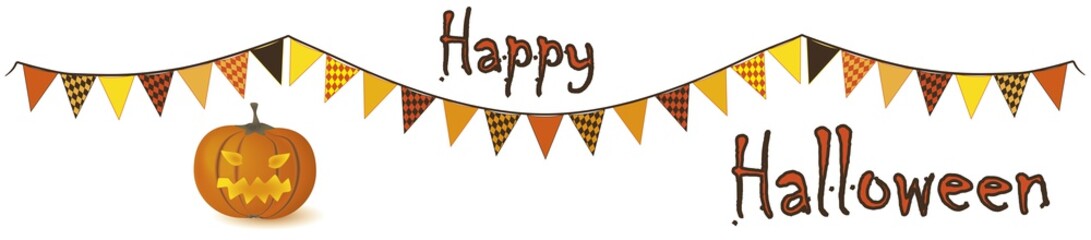 Halloween Banner  mit Wimpelkette in Herbstfarben, Kürbisgeist und Text Happy Halloween.