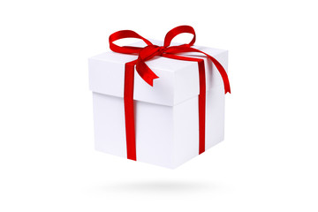  White gift box with red ribbon isolated on white background. Part of set.