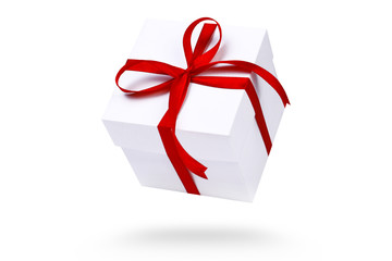  White gift box with red ribbon isolated on white background. Part of set.