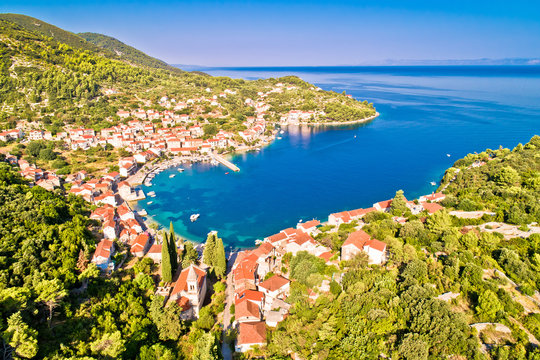 Korcula. Idyllic coastal village of Racisce on Korcula island aerial view