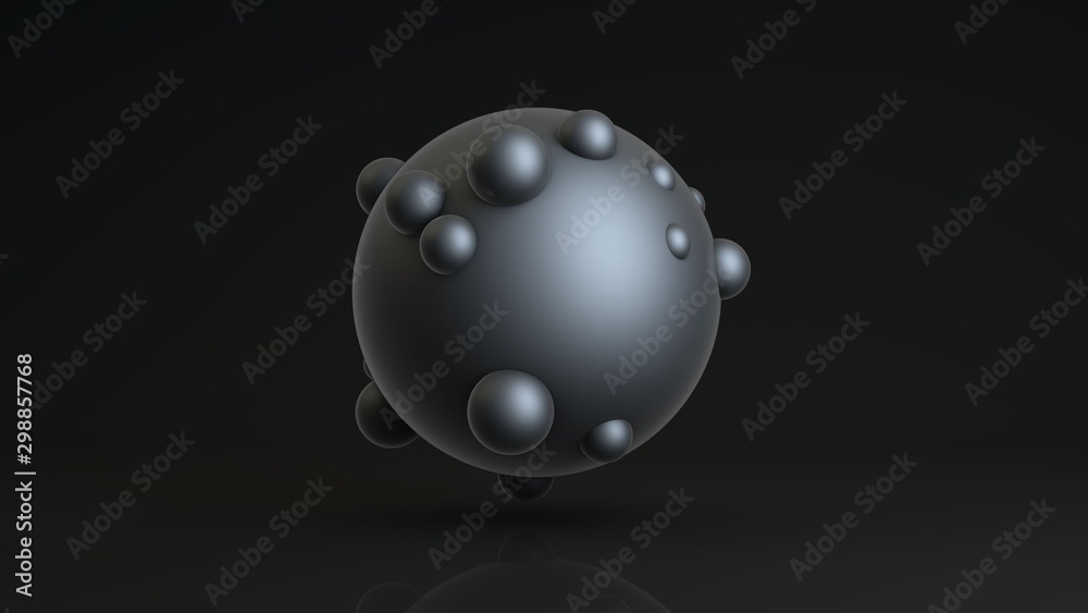 Poster 3d rendering of a large sphere and many small ones immersed in the surface of a large one. abstract 