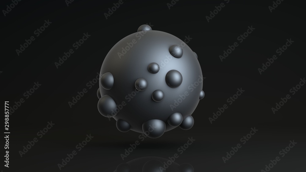 Poster 3d rendering of a large sphere and many small ones immersed in the surface of a large one. abstract 