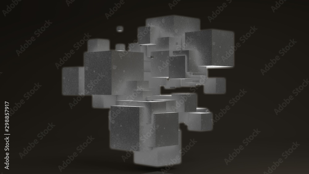Poster 3d rendering of many glowing cubes on a white background. cubes are arranged randomly, different siz
