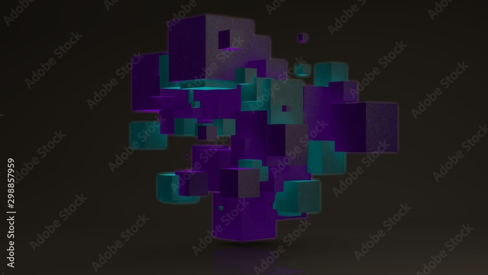 Poster 3d rendering of many glowing purple and green cubes on a white background. cubes are arranged random