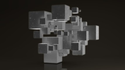 3D rendering of many glowing cubes on a white background. Cubes are arranged randomly, different sizes.  Futuristic image for abstract and futuristic compositions, the idea of chaos and order.