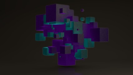 3D rendering of many glowing purple and green cubes on a white background. Cubes are arranged randomly, different sizes.  Futuristic image for abstract and futuristic compositions, the idea of order.