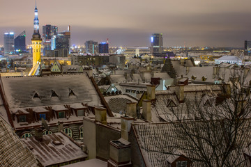 Night view of the Old Town of Tallinn from the high point of the winter. Estonia