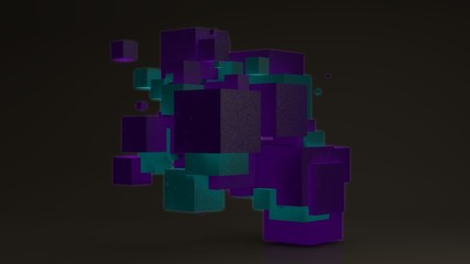 3D rendering of many glowing purple and green cubes on a white background. Cubes are arranged randomly, different sizes.  Futuristic image for abstract and futuristic compositions, the idea of order.