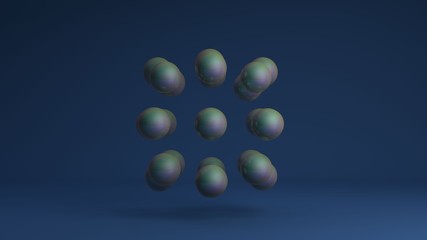 3D image of a set of gasoline balls on a blue background arranged in a strict geometric sequence. The idea of a crystal atomic lattice. 3D rendering of abstract background.