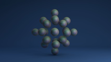 3D image of a set of gasoline balls on a blue background arranged in a strict geometric sequence. The idea of a crystal atomic lattice. 3D rendering of abstract background.