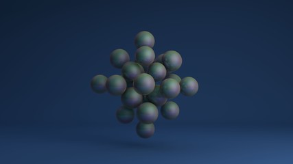 3D image of a set of gasoline balls on a blue background arranged in a strict geometric sequence. The idea of a crystal atomic lattice. 3D rendering of abstract background.