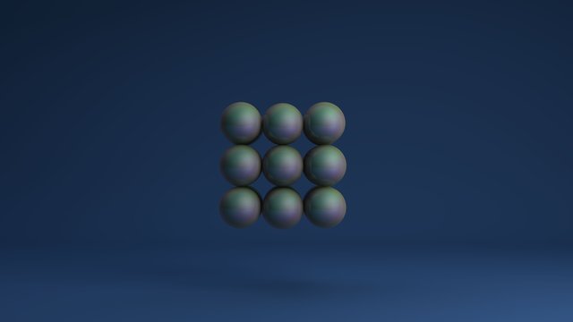 3D image of a set of gasoline balls on a blue background arranged in a strict geometric sequence. The idea of a crystal atomic lattice. 3D rendering of abstract background.