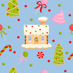 Seamless vector pattern christmas gingerbread house, sweets, new year tree, cream